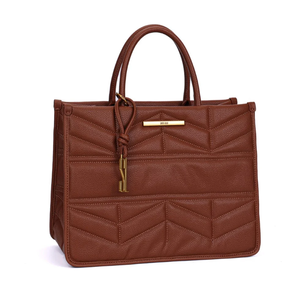 Bolsa Tote Marrom Café Estruturada Matelassê Alça De Mão - vista 2 de 7
