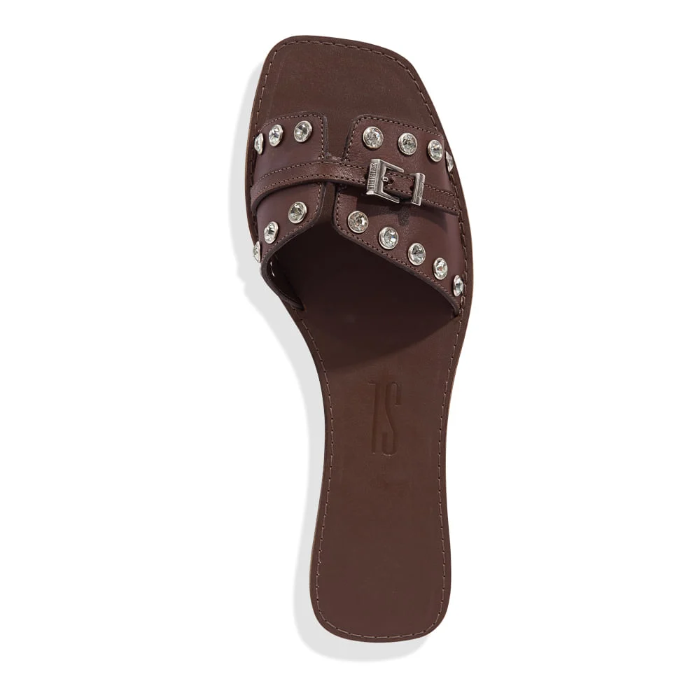 Rasteira Couro Confort Rebites Strass de Cristal Marrom - vista 4 de 4