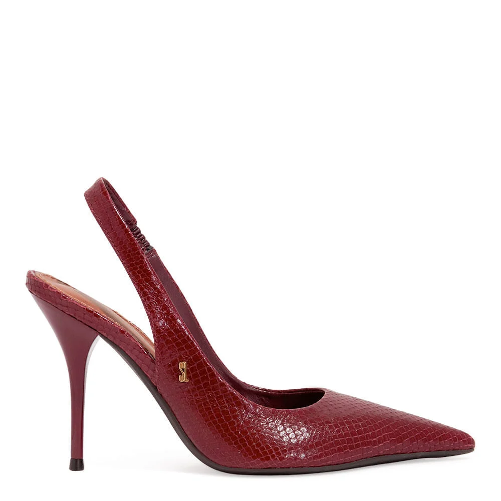 Scarpin Slingback Couro Mamba Snake Salto Alto Bordô - vista 1 de 3