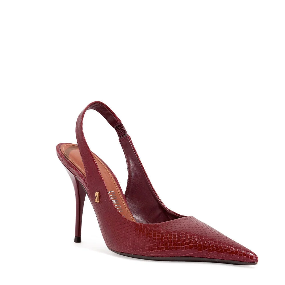 Scarpin Slingback Couro Mamba Snake Salto Alto Bordô - vista 2 de 3