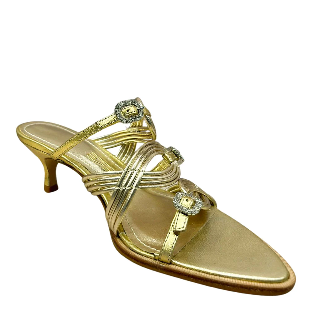 Mule Couro Metalizado Dourado Salto Baixo Fino - vista 2 de 3