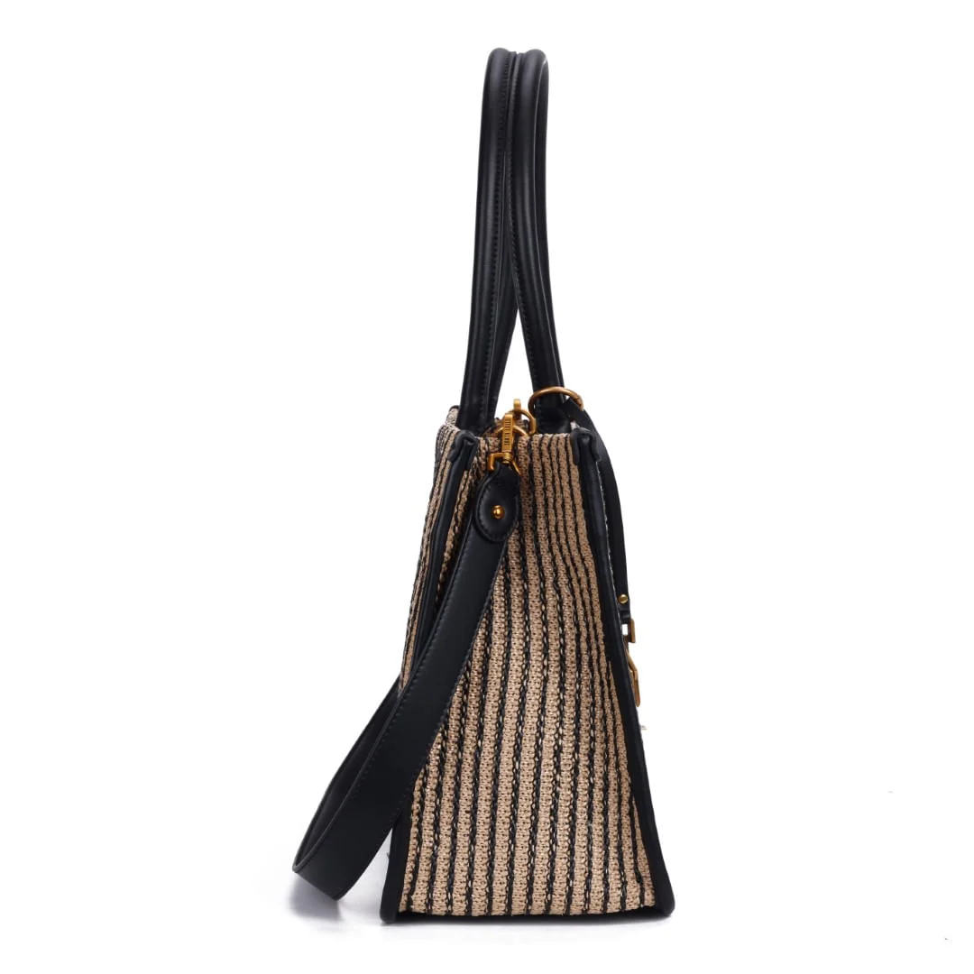 Bolsa Tote Palha Tramado Preto E Branco Alça De Mão - vista 4 de 7